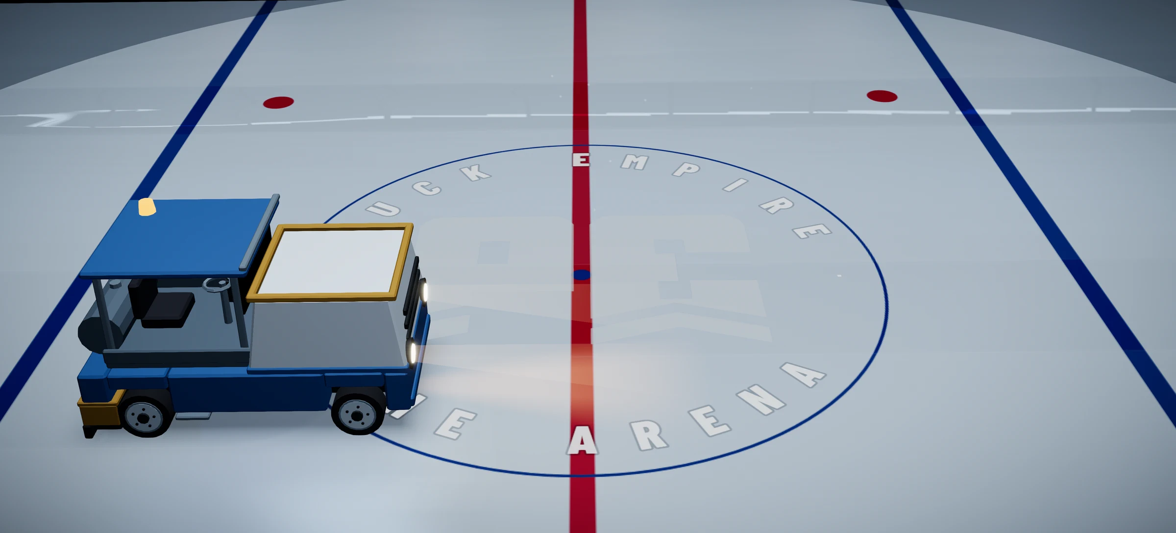 Center ice in the Puck Empire arena: the resurfacer, headlights on, rolling onto the logo at the red line.