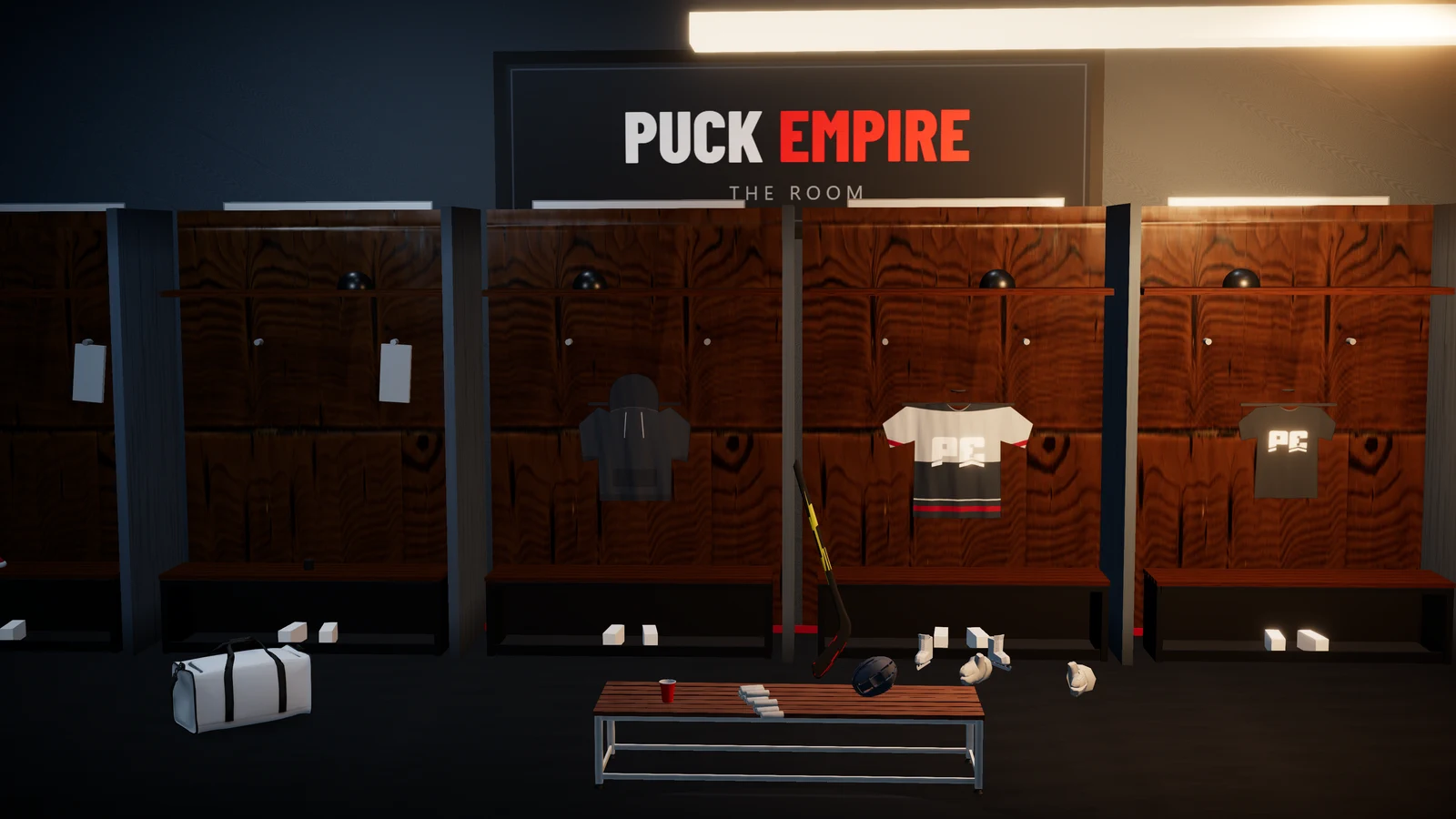 The Puck Empire locker room: wooden stalls, the jersey hung up, a bench, the sign above.