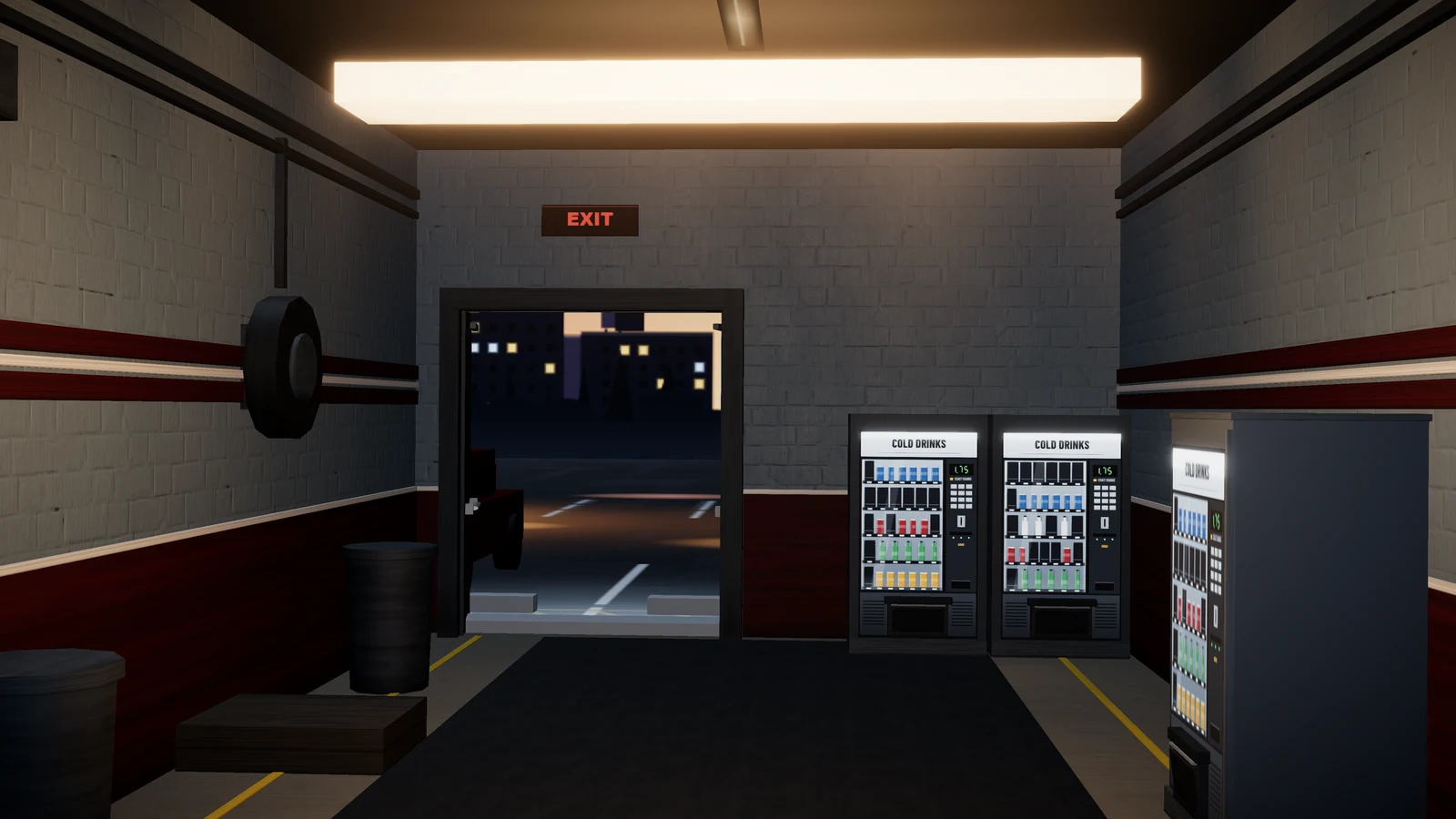 The exit tunnel: the vending machines, the doors open onto the lot at night.